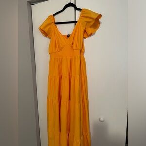 Yellow V-Neck Flutter Sleeve Tiered Poplin Maxi Dress